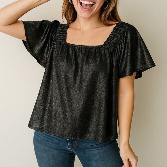 QUEEN OF SPARKLES Tops - Queen of Sparkles Black Metallic Pleated Sleeve Blouse Size Medium